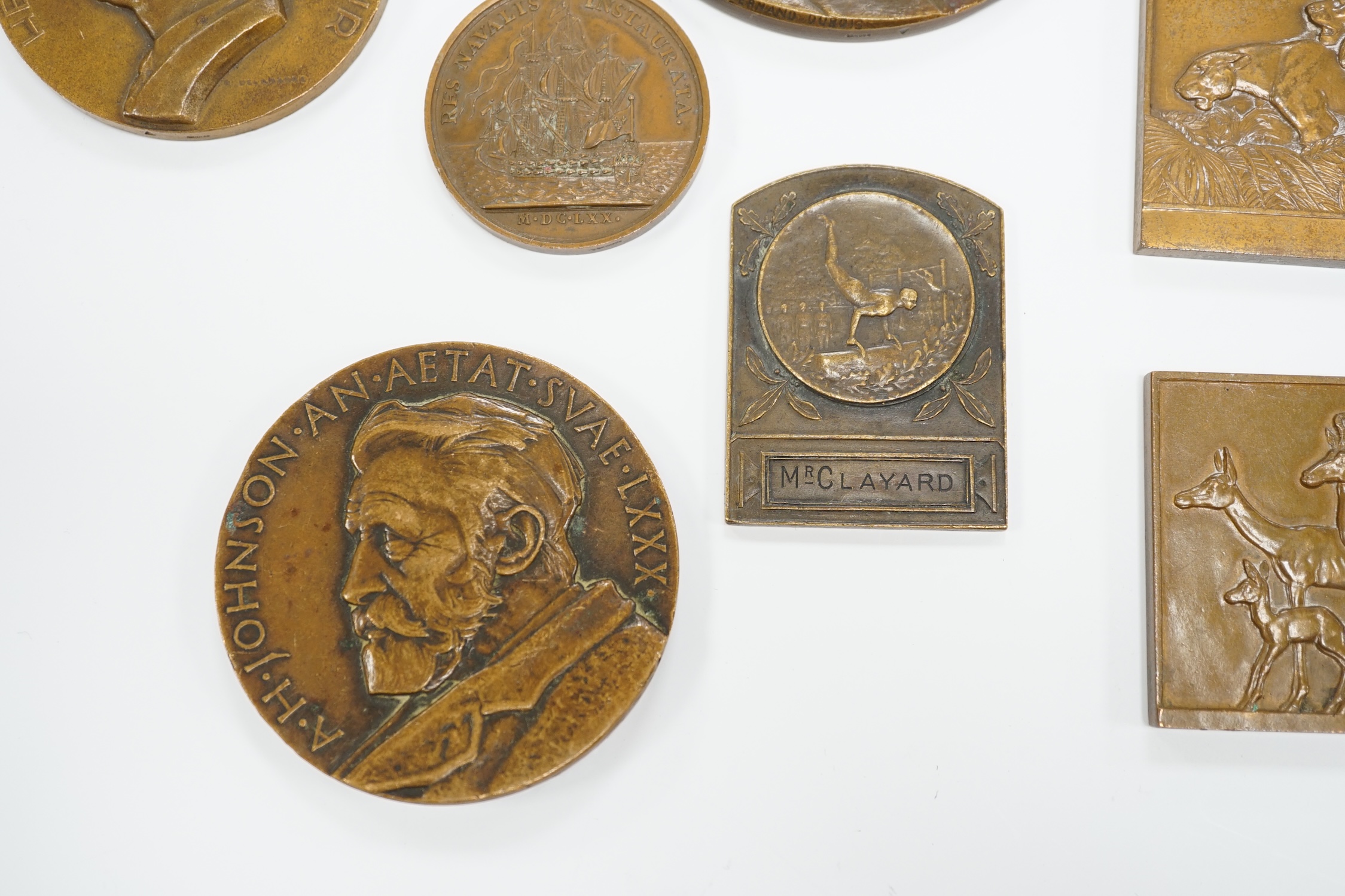 Seven bronze medallions, including awards and commemorative pieces; A.H. Johnson, Henri Cangardel, Albert Thomas, etc., largest 8 cm diameter